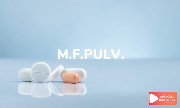 arti m.f.pulv. adalah singkatan dari : misce fac pulveresartinya : campurkan, buat powder dalam kamus farmasi bahasa indonesia online by Aplikasi Indonesia